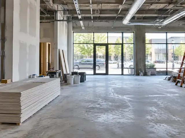 Post-construction cleaning of an empty commercial space with drywall and concrete floors